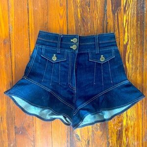 Self-Portrait Dark Blue High-Waist Denim Short Shorts